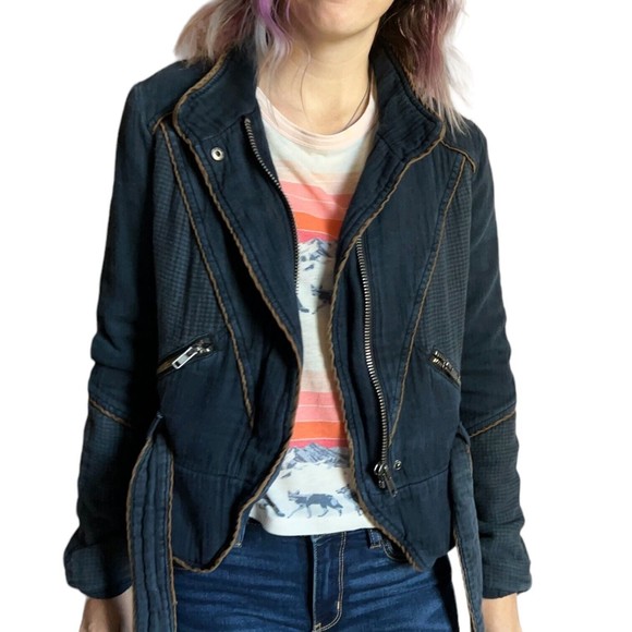 Free People Navy Blue Moto Jacket Size S Belted Full Zip Distressed Cotton - Picture 11 of 17
